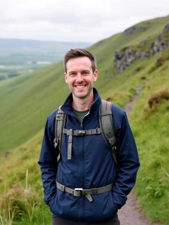Lead guide standing on a Dublin mountain trail, smiling, with green Irish hillside behind them