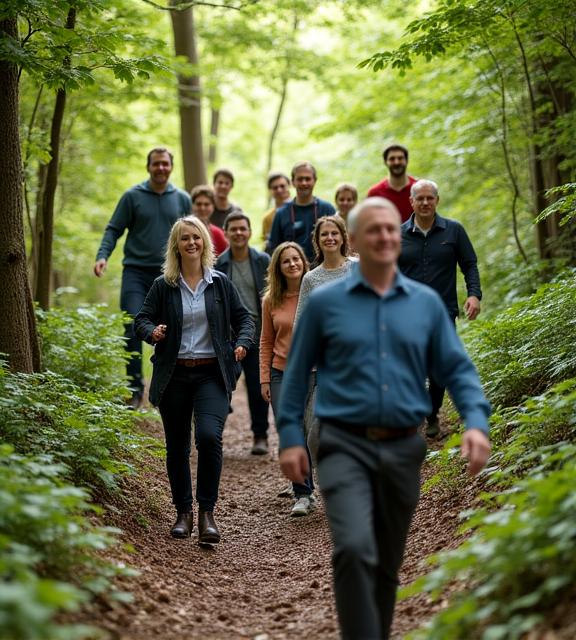 Corporate group completing a team challenge on a forested hillside trail outside Dublin