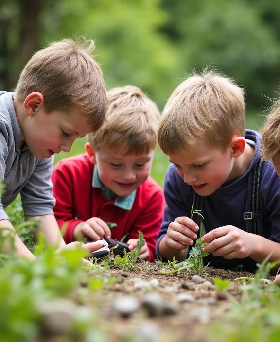 School children with a nature guide examining plants and rocks on an outdoor learning field trip in Ireland