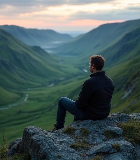 Individual sitting quietly on a mountain rock overlooking a green Irish valley at dusk