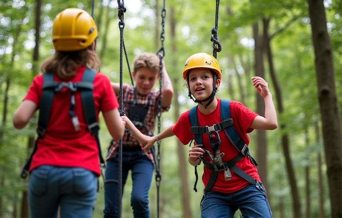 Teenagers completing a ropes challenge in a forested Dublin park with a youth guide